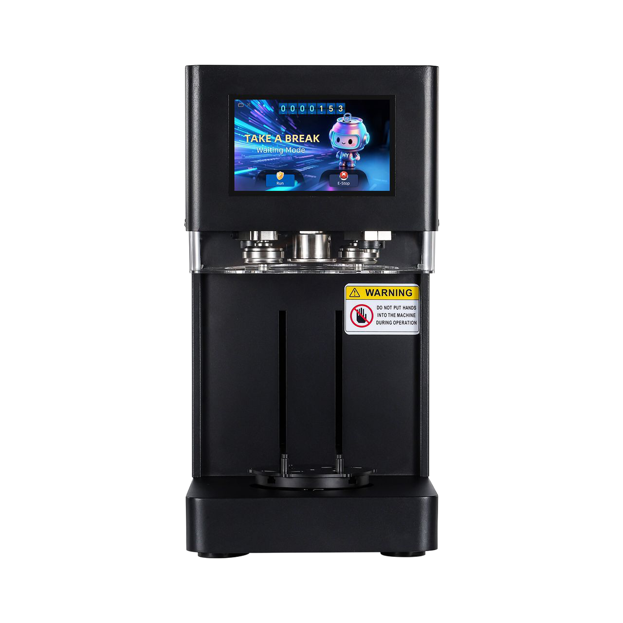 Selladora automática HY-S-001 - Vista frontal mostrando pantalla táctil y cabezales selladores